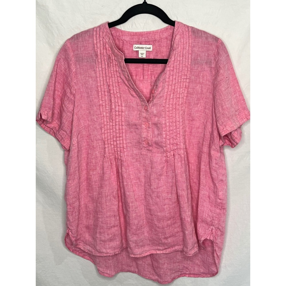 Coldwater Creek Women's Sz PL Petite 100% Linen Top Pink Pintuck Popover Blouse